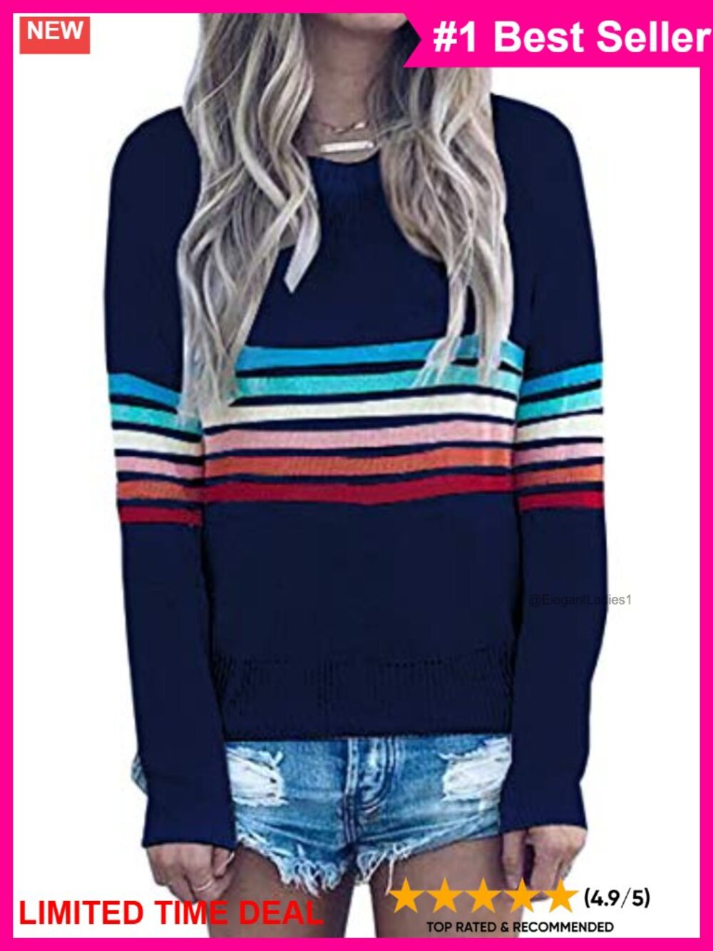 Striped Crewneck Long Sleeve Pullover Sweater Women's Loose Fit Casual Soft